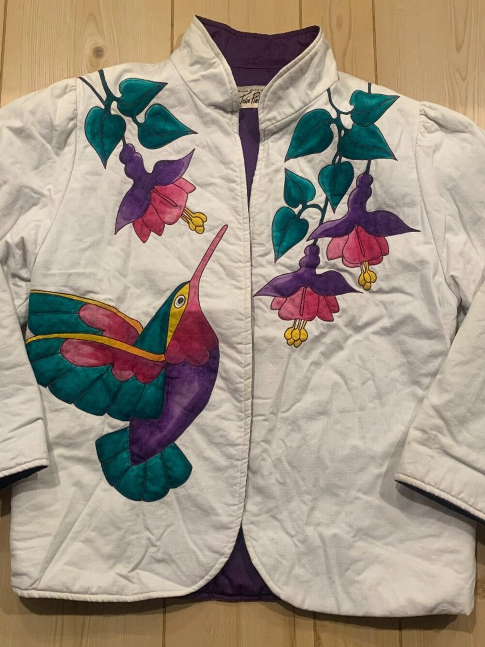 Vintage 90s Julia Pinkham Hand Painted Hummingbird Floral Original Coat Jacket L